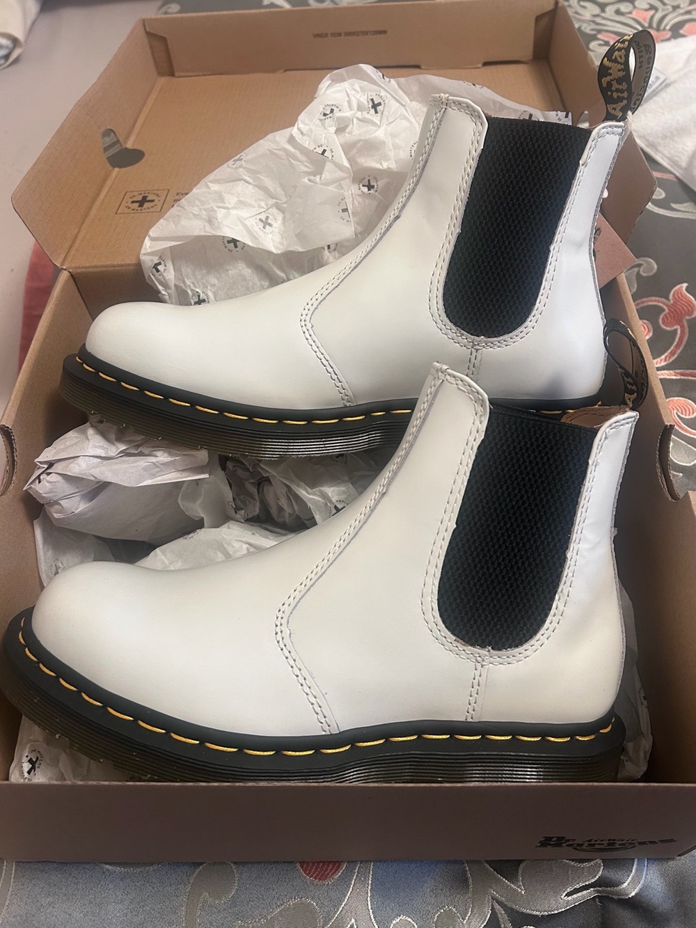 Dr. Martens White Leather Chelsea Boots with Black Elastic and Yellow Stitching - Picture 5 of 6